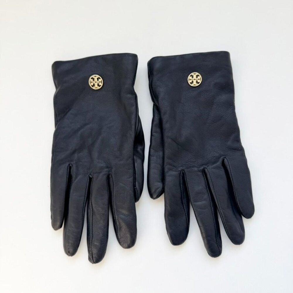 Tory Burch Black Leather Gloves with Gold Logo Hardware – One Size